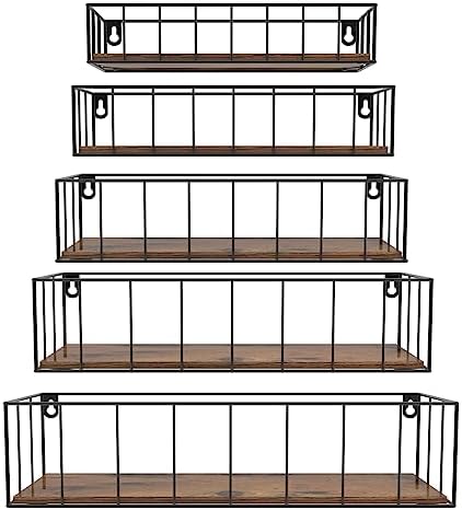 Floating Shelves Wall Mounted Set of 5, Hanging Storage Wall Shelf with Rail for Bathroom, Bedroom, Living Room, Kitchen
