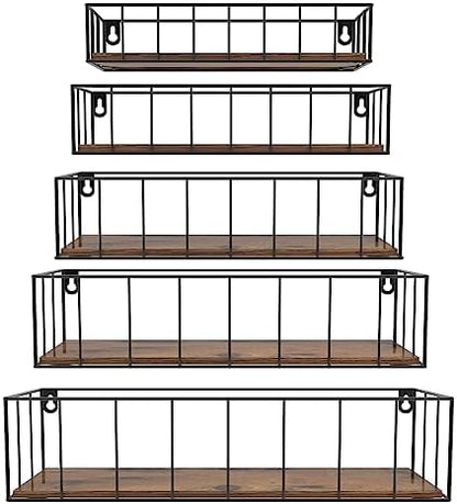 Floating Shelves Wall Mounted Set of 5, Hanging Storage Wall Shelf with Rail for Bathroom, Bedroom, Living Room, Kitchen