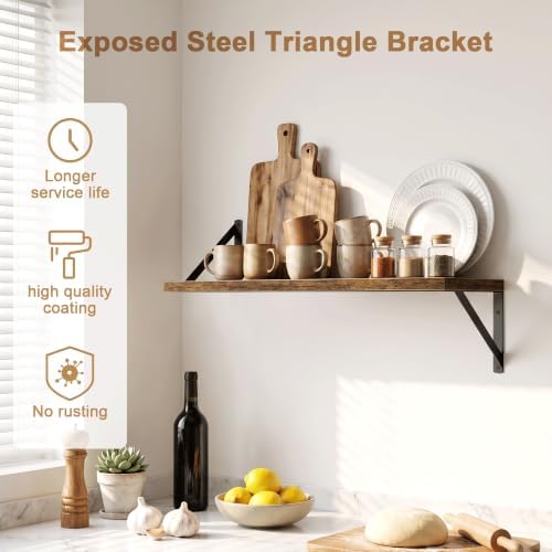 Floating Shelves, 24 x 12 Inches, Set of 2 Wall-Mounted Shelves with Metal Brackets, Decorative Wall Shelf for Living Room, Bedroom, Bathroom (Brown)