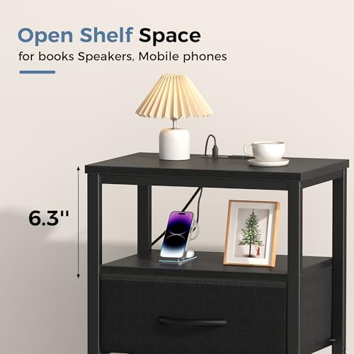 DUMOS Night Stand Set 2 with Charging Station, End Table with Fabric Drawer