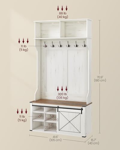 VASAGLE Hall Tree with Bench and Shoe Storage, 6 Tri-Hooks, Sliding Door
