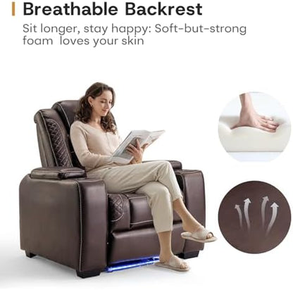 ANJ Power Recliner Chair Set of 6, Electric Recliner with Adjustable Headrest, Dual Motor Home Theater Seating with USB Port, Cup Holders, LED Lights, Hidden Arm Storage – PU Leather,Brown