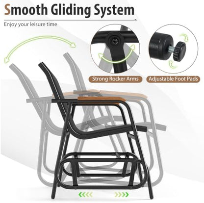 GIANTEX 3-Piece Outdoor Glider Set, 2-Pack Rocking Chairs with Small Tempered Glass Coffee Table, Metal Frame, Porch Rocker, Patio Bistro Set for Outside, Garden, Backyard, Balcony, Black