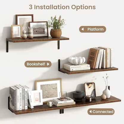 Deep Floating Shelves, 24W x 8D Floating Shelves Set of 2, Wall Mounted Shelf with Metal Brackets, Rustic Wood Wall Shelf for Bathroom, Kitchen and Living Room, Rustic Brown