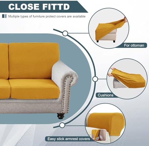 UNBBRRL Seat Cushion Cover and Back Covers for Corner Sofa Stretch Jacquard, Non Slip L Shaped Sofa Slipcover with Storage Ottoman, Sectional Couch Cover for Chaise Lounge (Gold,31 x 73 x 6”)