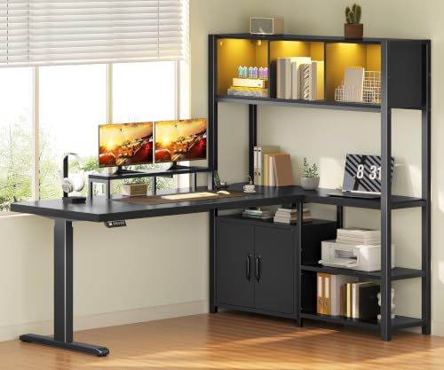 RALGEND 55'' L Shaped Standing Gaming Desk, LED Sit Stand Desk with Storage