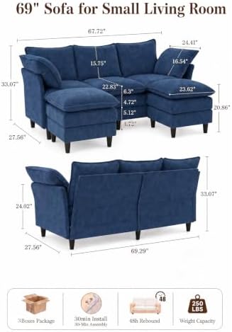 69" Small U-Shaped 4-Seat Convertible Sectional Sofa Couch, Chenille, Blue