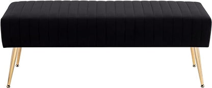 Furniliving 44 Inch Bedroom Bench, Upholstered Tufted Striped Fabric Ottoman Benches with X-Shaped Metal Legs for Living Room, Entryway Solid Wood Indoor Bench for Foyer (Black)