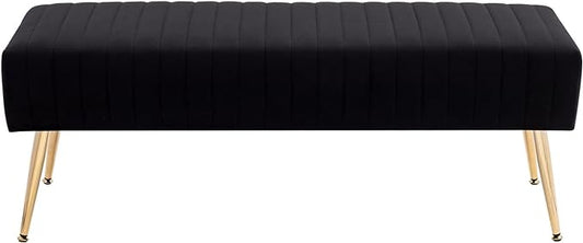 Furniliving 44 Inch Bedroom Bench, Upholstered Tufted Striped Fabric Ottoman Benches with X-Shaped Metal Legs for Living Room, Entryway Solid Wood Indoor Bench for Foyer (Black)