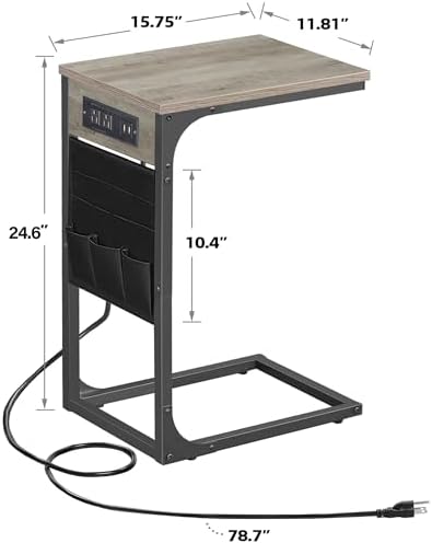 TUTOTAK C Shaped End Table with Charging Station, Side Table for Sofa