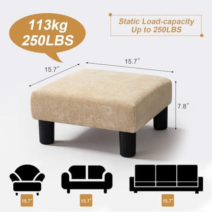 Joveco Small Foot Rest Stool Ottoman, 15" Fabric Square Footstool Upholstered Footrest for Chair, Under Desk, Office, Living Room, Wheat