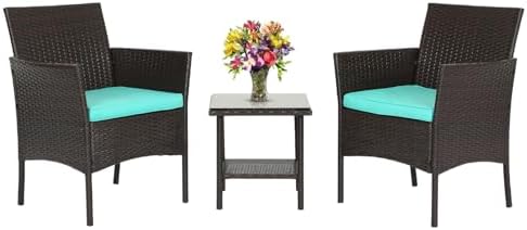 FDW 3-Piece Patio Furniture Set | Brown & Blue | Outdoor Wicker Furniture