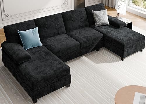 Sectional Couches for Living Room, 106 in U Shaped Couch Soft Sectional Sofa with Double Chaise, Comfortable 4 Seat Couch (Black)