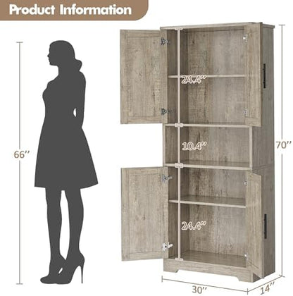 GarveeHome Tall Storage Cabinet, 70 in Kitchen Pantry Cabinet with Doors and Adjustable Shelves, Rustic Wooden Cupboard for Dining Room, Living Room,Gray