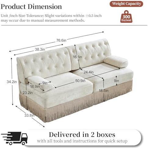 77" Velvet Chesterfield Style Modular Sectional Loveseat Sofa, Upholstered Oversized Button Tufted 2-Seater Couch with Floor-grazing Tassel Fringe Skirt, Easy Assembly, for Living Room, Beige