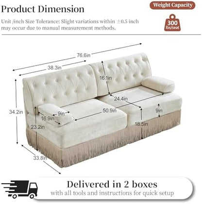 77" Velvet Chesterfield Style Modular Sectional Loveseat Sofa, Upholstered Oversized Button Tufted 2-Seater Couch with Floor-grazing Tassel Fringe Skirt, Easy Assembly, for Living Room, Beige