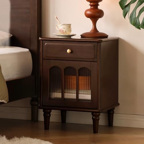 Solid Wood Nightstand with Drawer and Fluted Glass Door – Mid Century Modern Farmhouse Bedside Table, Right-Opening Door, 15.75" D x 16.54" W x 22.83" H