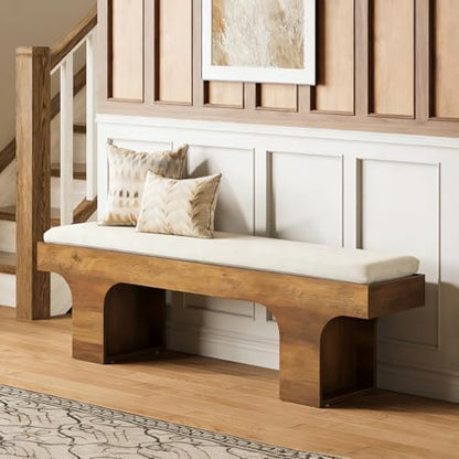 LITTLE TREE 55.2" Dining Bench with Linen Cushion, Farmhouse Entryway Bench