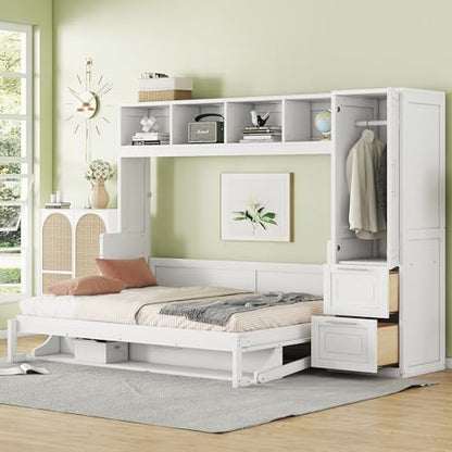 Merax White Horizontal Full Size Murphy Bed with Wardrobe and 2 Drawers