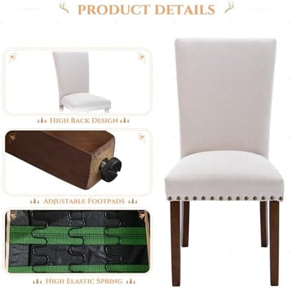 Set of 4 Beige Upholstered Dining Chairs, Farmhouse Kitchen Chairs with High Back Support, Solid Rubberwood Legs, Comfortable Padded Seat, Bronze Nailhead Trim, Dining Room Chairs for Family Meals