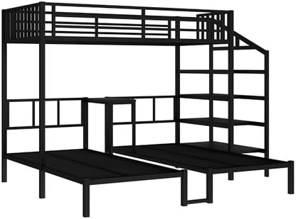 RUNNA Twin XL Over Twin & Twin Triple Bunk Bed with Desk & Shelves, Heavy-Duty Metal Frame, Space-Saving Design for Kids/Teens/Guests
