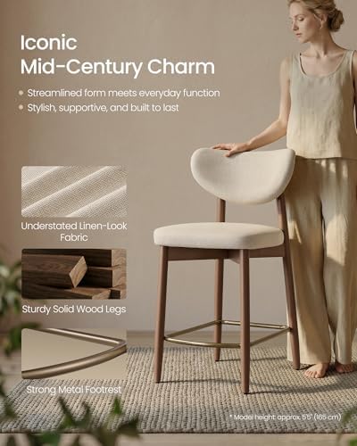VASAGLE Wooden Bar Stools Set of 2, Linen-Look Fabric, Cappuccino Beige