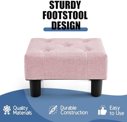 BRIAN & DANY Small Foot Stool, Linen Foot Stools with Legs, Stable Small Footstool for Living Room, Light Pink
