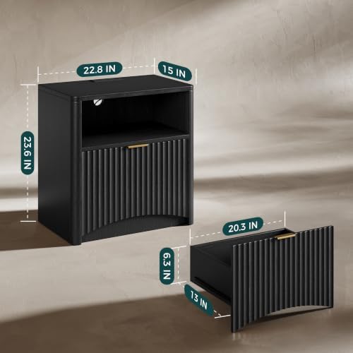 Evermagin Fluted Nightstand Set of 2 with Charging Station, Black