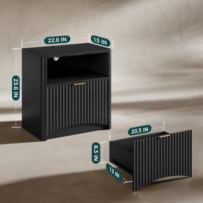 Evermagin Fluted Nightstand Set of 2 with Charging Station, Black