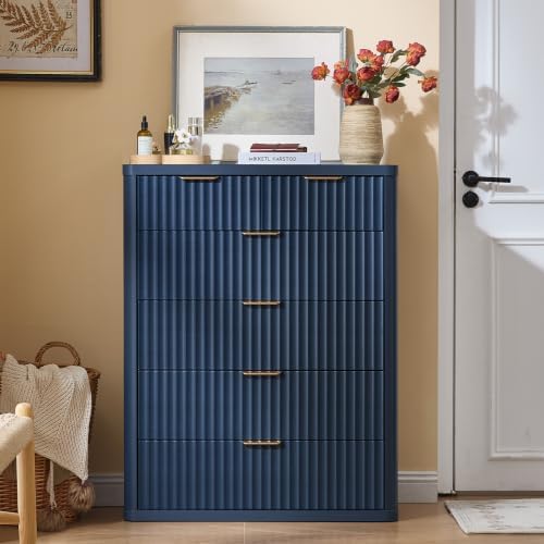 LEYAOYAO Fluted 6 Drawers Dresser for Bedroom, 42" Tall Modern Chest of Drawers with Metal Handle,Curved Profile Design,Navy Blue Wood Drawer Organizer for Bedroom, Living Room, Hallway, Entryway