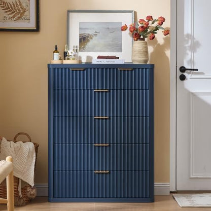 LEYAOYAO Fluted 6 Drawers Dresser for Bedroom, 42" Tall Modern Chest of Drawers with Metal Handle,Curved Profile Design,Navy Blue Wood Drawer Organizer for Bedroom, Living Room, Hallway, Entryway