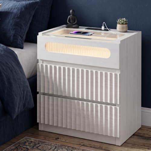 Fluted LED Nightstand with Charging Station,3 Drawer,White