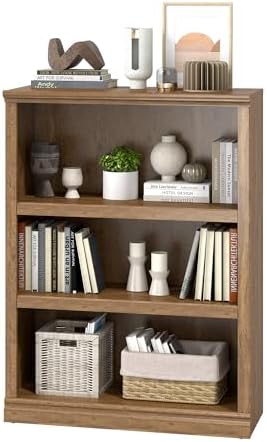 blini 3-Shelf Bookcase Wooden Bookshelves 33in Wide Floor Standing Display Storage Shelves Vintage Oak Bookcase for Home Office, Living Room, Bed Room
