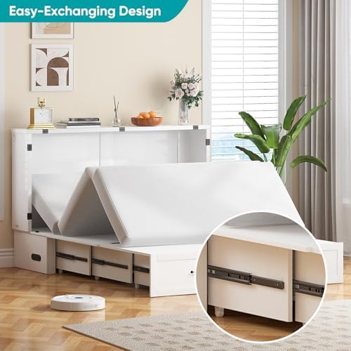 BALUS Queen Murphy Cabinet Bed with Drawers and Tri-Fold Mattress, White