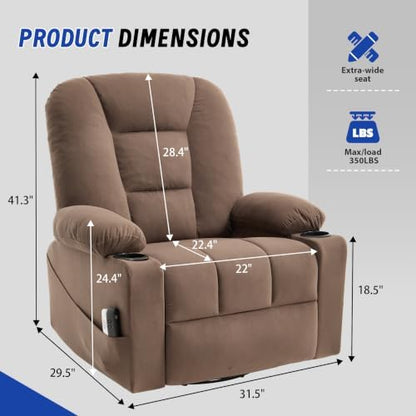 Power Swivel Rocker Recliner Chair for Adults, Electric Rocking Recliner with Massage and Heat for Living Room Bedroom, Fabric Reclining Sofa Chair with USB and Type-C Ports,Brown