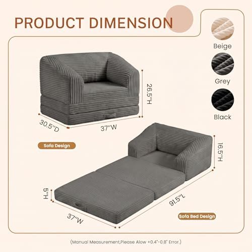 Convertible Boneless Couch Sleeper Sofa Bed, Folding Oversized Bean Bag Couch, Comfy Sofa Chairs for Adults with Filling, Single, Grey