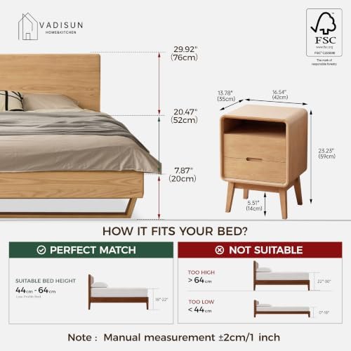 100% Solid Oak Wood Nightstand with 2 Drawers, Mid Century Modern Night Stand with Open Shelf, Wooden Nightstand, Small Night Stand for Small Spaces, Oak Bedside Table for Bedroom(23.23" H)