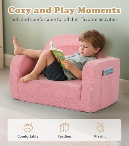 Kids Couch, 2-in-1 Soft Toddler Couch Fold Out with Blanket, Comfy Toddler Chair, Convertible Sofa, Gifts for Kids Girl Boys, Medium Pink Rainbow