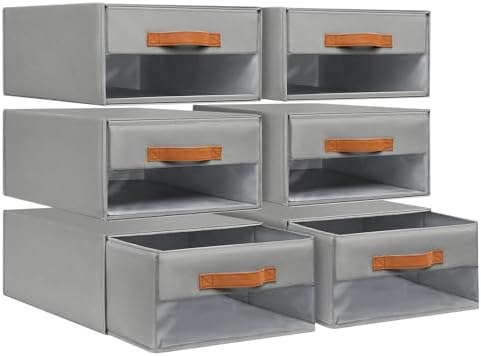 DIMJ Closet Organizers and Storage - Foldable Storage Bins with Drawers Pull-Out Stackable Storage Drawers with Clear Window,Fabric Clothes Organizers and Storage Drawers for Closet, 6-Pack, Grey