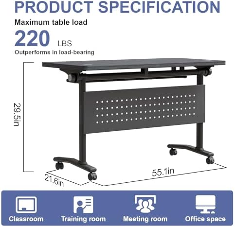 Folding Conference Table, Conference Room Tables with Wheels Foldable Large Rectangle Meeting Seminar Table for 6-12 People, Flip Top Mobile Training Table for Office Classr (4, Black 4, 55.1in)