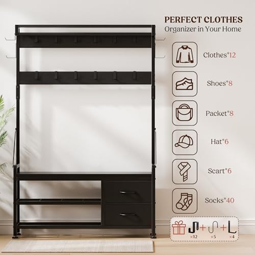 Coat Rack, 39.4” Hall Tree with Shoe Storage Bench, Black