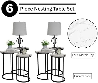 Lavish Home Round Nesting Tables Set of 6, Faux Marble Tabletop, White