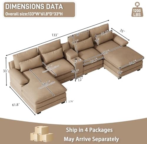 OUYESSIR 132" U Shaped Cloud Sectional Couch with USB Port, Light Brown