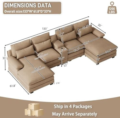 OUYESSIR 132" U Shaped Cloud Sectional Couch with USB Port, Light Brown