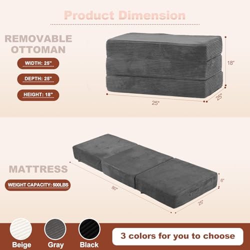 6-Inch Tri-Fold Foldable Mattress, Folding Sofa Bed with Removable Washable Cover, Futon Mattress Full Size Floor Guest Mat with Non-Slip Bottom Carry Handles for Camping (Gray, Single)