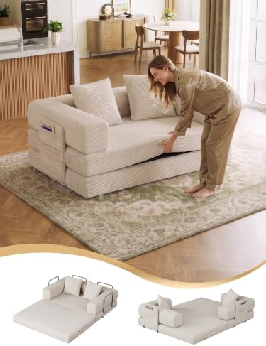 61" 5-in-1 Boneless Futon Sofa Bed, Corduroy, Washable Cover, No Assembly