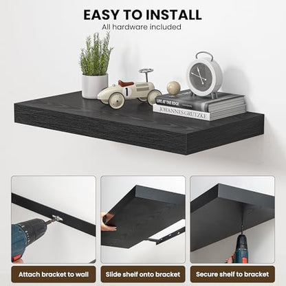 Dreamland 32" Floating Shelves for Wall, 12" Deep Thicker Black Floating Shelves, Wall-Mounted Shelves for Bedroom, Living Room, Kitchen, Bathroom - Set of 2