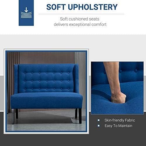 HOMCOM Wingback Double Sofa Linen Fabric Upholstery Button Tufted Loveseat Armless Couch Modern Contemporary Living Room Settee with Wood Legs, Blue