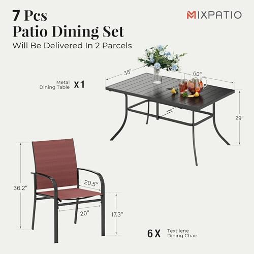 MIXPATIO 7pc Patio Dining Set, 59" Rectangle Metal Table, 6 Red Chairs