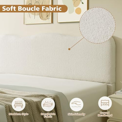 VELOCAVA Queen Size Lift-Up Storage Bed, Upholstered Boucle Bed with Curved Headboard, Rounded Corners, Sturdy Wooden Slat Support, No Box Spring Needed, Easy Assembly, Cream White